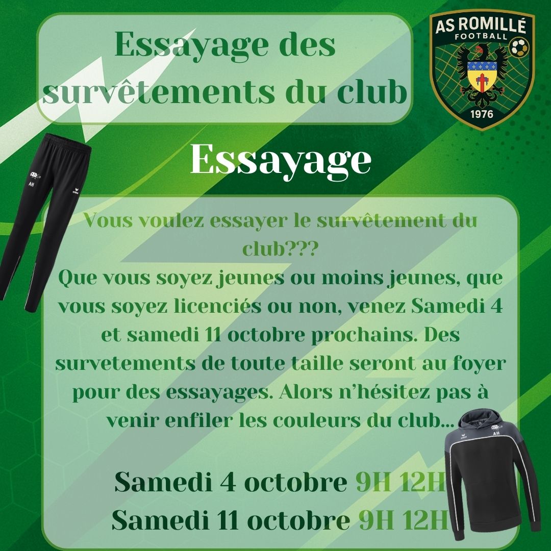 Essayage vêtement club le Samedi 4 et 11 Octobre de 9h à12h | ASR Foot